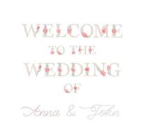 bienvenue au mariage d'anna et john. lettre avec fleur. calligraphie ornée élégante avec fleur aquarelle rose et feuille verte. idéal pour l'invitation de mariage, la décoration de fête, la superposition de photos. vecteur
