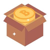 icône en carton bitcoin dans l'orgelet isométrique, crypto-monnaie à l'intérieur du carton vecteur