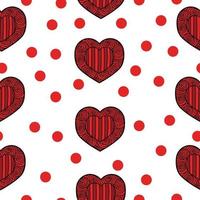 motif harmonieux de coeurs à motifs avec des spirales et des rayures pour la saint valentin, des coeurs de doodle rouges et des points sur fond blanc vecteur