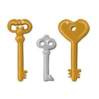clés d'or et d'argent illustration vectorielle isolée. ensemble de clés vintage dessinées à la main, symboles de mariage et de saint valentin vecteur