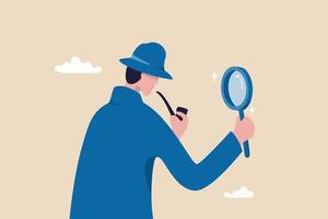 observation ou inspection pour découvrir et découvrir des informations utiles, détective ou enquêter et analyser le concept de données, détective intelligent regardant à travers une loupe pour rechercher des preuves. vecteur