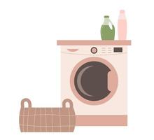 machine à laver, panier à linge et détergents liquides. illustration de vecteur plat isolé sur fond blanc