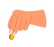 main féminine donnant une pièce d'or. personne détenant de l'argent. geste de paiement. concept de don et de soutien financier. illustration de vecteur plat isolé sur fond blanc