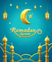 affiche de ramadan kareem avec décoration de croissant de lune, lanterne, tour de mosquée et nuage vecteur