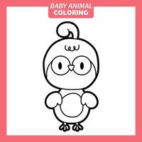 Coloriage dessin animé mignon bébé animal avec oiseau vecteur