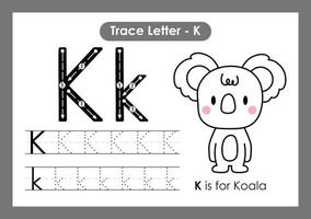 alphabet trace lettre a à z feuille de calcul préscolaire avec lettre k koala vecteur