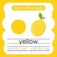 feuilles de calcul de mots de traçage anglais avec vocabulaire de couleurs jaune vecteur