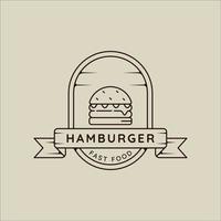 burger ou hamburger logo dessin au trait simple illustration vectorielle minimaliste modèle icône graphisme. signe ou symbole de restauration rapide pour le concept de menu ou de restaurant avec badge et typographie vecteur