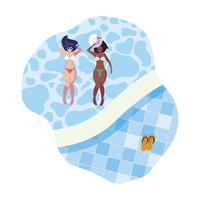 couple de filles interracial avec maillots de bain flottant dans la piscine vecteur
