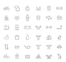 fitness, entraînement, gym, régime, ensemble d'icônes d'entraînement, 36 pictogrammes linéaires isolés sur blanc vecteur