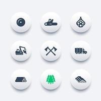 icônes d'exploitation forestière, équipement forestier, scierie, camion forestier, abatteuse d'arbres, bois, bois, icônes modernes rondes de bois, illustration vectorielle