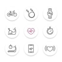 icônes d'entraînement cardio, fitness, entraînement cardiaque, ensemble d'icônes de ligne ronde, illustration vectorielle vecteur