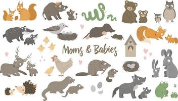 vecteur grand ensemble de bébés animaux plats dessinés à la main avec les parents. drôle de scène d'animaux des bois montrant l'amour de la famille. jolie illustration animale de la forêt pour la conception de la fête des mères