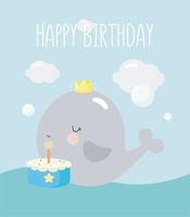 fête d'anniversaire, carte de voeux, invitation à une fête. illustration pour enfants avec un bébé baleine mignon avec l'inscription un. illustration vectorielle en style cartoon. vecteur