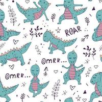 dinosaure dans les asanas de yoga, modèle sans couture de vecteur dessiné à la main