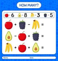 combien de jeu de comptage avec des fruits. feuille de travail pour les enfants d'âge préscolaire, feuille d'activité pour enfants, feuille de travail imprimable vecteur