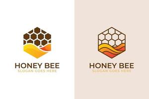 hexagonale moderne avec logo d'abeille sucrée, étiquettes de miel, produits, symbole sucré alimentaire deux versions