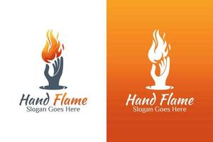 logo vintage rétro feu ou flamme et soin de l'énergie des mains pour la bravoure, le soin du feu, le symbole de la flamme de la torche vecteur