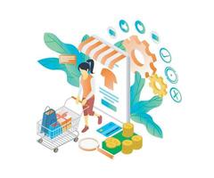 illustration de style isométrique sur une femme faisant ses courses dans une boutique en ligne sur son smartphone vecteur