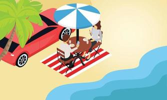 illustration de style isométrique en vacances à la plage avec des amis vecteur