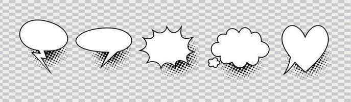 jeu de bulles de discours comique. boîtes de discours d'expression pop art de nuage noir et blanc de dessin animé vides. modèle de fond de vecteur de livre de bandes dessinées avec des points de demi-teintes.
