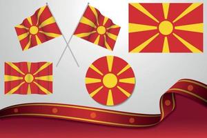 ensemble de drapeaux de macédoine du nord dans différents modèles, icône, drapeaux écorchés avec ruban avec arrière-plan. vecteur