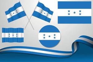 ensemble de drapeaux du honduras dans différents modèles, icône, drapeaux écorchés avec ruban avec arrière-plan. vecteur