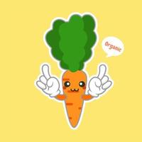 kawaii et mignon personnage emoji carotte isolé sur fond couleur. carotte orange fraîche et slogan de bulle de discours de style kawaii. émoticône de nourriture de dessin animé de conception plate. autocollant de personnage élégant et doux vecteur