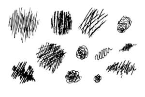 ensemble de vecteurs dessinés à la main. traits, gribouillis, taches de formes variées, encre, fusain. enchevêtré, contour noir. vecteur