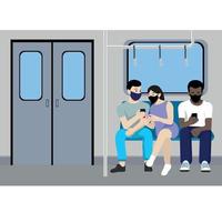 personnes masquées avec des téléphones dans les mains dans la voiture de métro, deux gars et une fille, vecteur plat. personnes de nationalités différentes