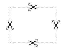 les ciseaux coupent le modèle de rectangle en pointillé. outils pointus noirs feuille de papier géométriquement séparée espace vide avec bordure de découpe vectorielle vecteur