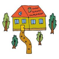 dessin animé doodle maison et jardin avec arbres isolés sur fond blanc. maison de style enfantin. vecteur