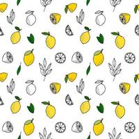 citrons jaunes avec des feuilles. agrumes pour la limonade, vitamines, nourriture végétarienne saine. modèle sans couture de vecteur isolé sur fond blanc. illustration d'été vive. pour l'impression sur papier et tissu.
