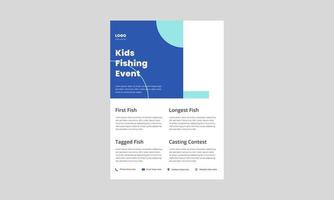modèle de flyer de derby de pêche pour enfants. dépliant d'affiche du tournoi de pêche pour enfants. conception d'événement de pêche prête à imprimer. vecteur