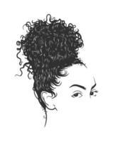 jolie femme africaine avec portrait de coiffure afro et chignon. silhouette sur fond blanc. vecteur. illustration. vecteur