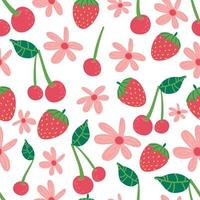 fleurs de fraises cerise modèle vectorielle continue. répéter l'arrière-plan avec des fruits d'été. utiliser pour le tissu, l'emballage cadeau, l'emballage. vecteur