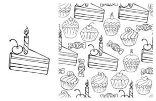 gâteau à colorier. ensemble d'éléments et de modèle sans couture vecteur