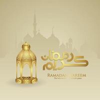 conception carte de voeux moment de ramadan avec calligraphie arabe luxueuse, croissant de lune, lanterne traditionnelle et modèle de fond islamique de texture de modèle de mosquée. vecteur