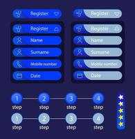 préparez-vous au kit d'éléments d'interface utilisateur de visite médicale en ligne. composants vectoriels isolés. menus de navigation plats et modèle de boutons d'interface. collection de widgets de conception web pour le thème sombre de l'application mobile vecteur