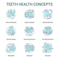 ensemble d'icônes de concept turquoise de santé des dents. idée de visite dentaire régulière illustrations en couleur de ligne mince. pose d'implants. symboles isolés. trait modifiable. roboto-medium, une myriade de polices pro-gras utilisées vecteur