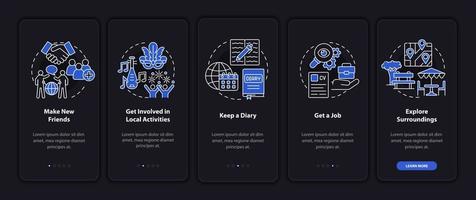 s'adapter à la vie à l'étranger sur l'écran de la page de l'application mobile d'intégration sombre. instructions graphiques en 5 étapes avec concepts. modèle vectoriel ui, ux, gui avec illustrations linéaires en mode nuit