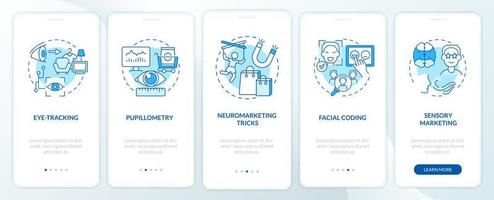 écran de la page de l'application mobile d'intégration des techniques de neurosciences. astuces de neuromarketing pas à pas instructions graphiques en 5 étapes avec concepts. modèle vectoriel ui, ux, gui avec illustrations couleur linéaires