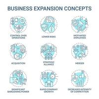 ensemble d'icônes de concept bleu d'expansion d'entreprise. idée de croissance et de développement de l'entreprise illustrations couleur en ligne mince. fusion, acquisition. concurrence sur le marché. dessins de contour isolés de vecteur. trait modifiable vecteur