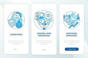 avantages de la croissance interne écran de la page de l'application mobile d'intégration bleue. business expand walkthrough instructions graphiques en 3 étapes avec concepts. modèle vectoriel ui, ux, gui avec illustrations couleur linéaires