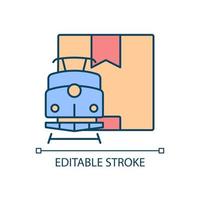 icône de couleur rvb d'expédition de fret ferroviaire dans le monde entier. livraison des commandes par chemin de fer. train moderne transportant des marchandises aux douanes. illustration vectorielle isolée. dessin au trait rempli simple. trait modifiable vecteur