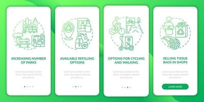 écran de la page de l'application mobile d'intégration des solutions urbaines. options pour le cyclisme, marche pas à pas instructions graphiques en 4 étapes avec concepts. modèle vectoriel ui, ux, gui avec illustrations couleur linéaires