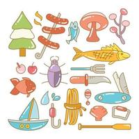 illustration couleur de matériel de camping et de pêche vecteur