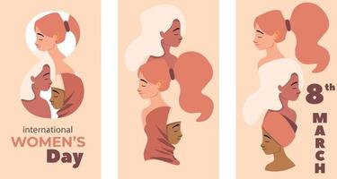 concept de journée internationale de la femme diversité féminine. modèle vectoriel de visages féminins divers de différentes ethnies. union féministe ou sororité.