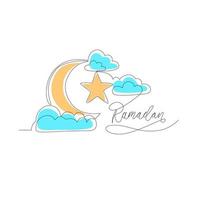 lune, étoiles et nuages, dessin d'une ligne, conception vectorielle minimaliste. signe de symbole islamique. comme modèle pour ramadan kareem et eid mubarak. isolé sur fond blanc. vecteur
