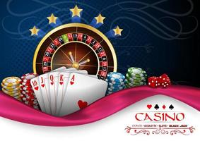 fond rose bleu avec roulette de casino, cartes et jetons